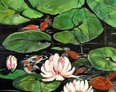 Art Original Acrylic Painting, Fish Pond with lilies,Koi,Goldfish,lily Pads 20 x 20 canvas        I take CREDIT CARDS