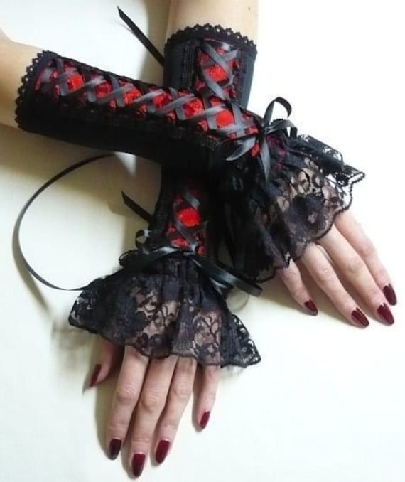 Gothic Gloves with Red Lace Armwarmers Goth Lolita Style