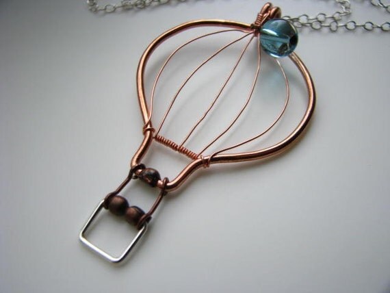 UP - Hot Air Balloon Pendant in Copper with Sterling Silver - Blue Skies