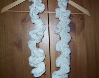 Scarf - Hand Knitted Ruffled Scarf - Made of White Acrylic Yarn