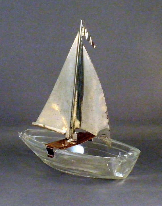 Vintage 50s Glass Sailboat Ashtray with a Chrome Metal Sail