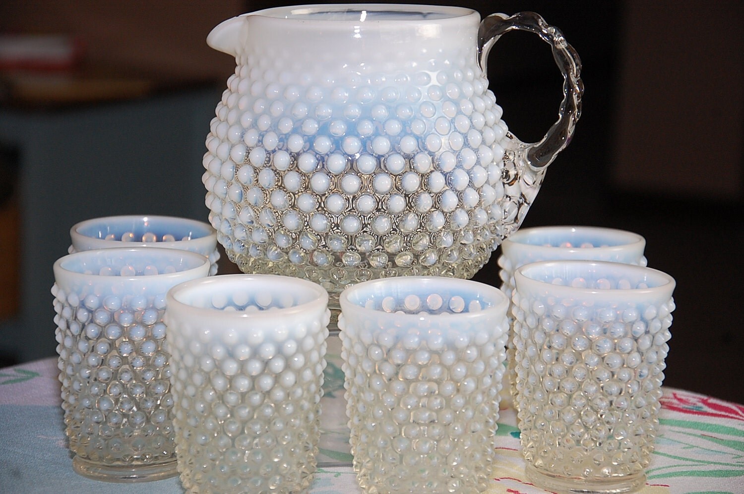 Opalescent Moonstone Hobnail Squat Pitcher and Tumblers