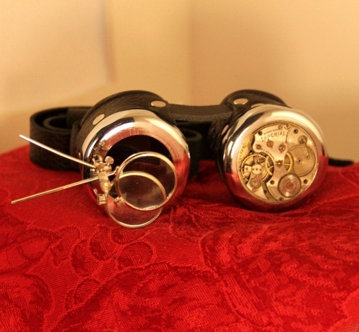 Steampunk BORG goggles with magnifiers black and silver