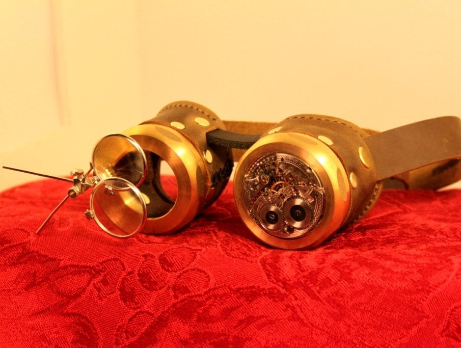 Steampunk goggles Clockwork Borg with magnifiers in brown leather and brass