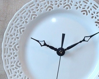 Small Lacy White Wall Clock - Porcelain Plate Clock - Unique Wall Clock - Wall Decor - Kitchen Clock - 1518