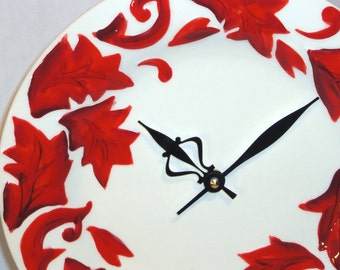 Wall Clock - Vibrant Red Leaves Porcelain Plate Wall Clock No. 633 (11 inches)