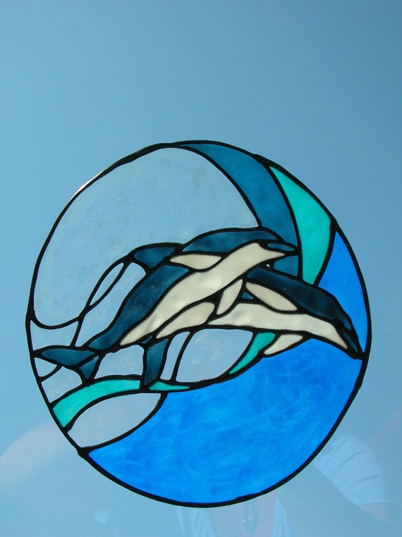 Dolphins jumping in wave stained glass window Cling