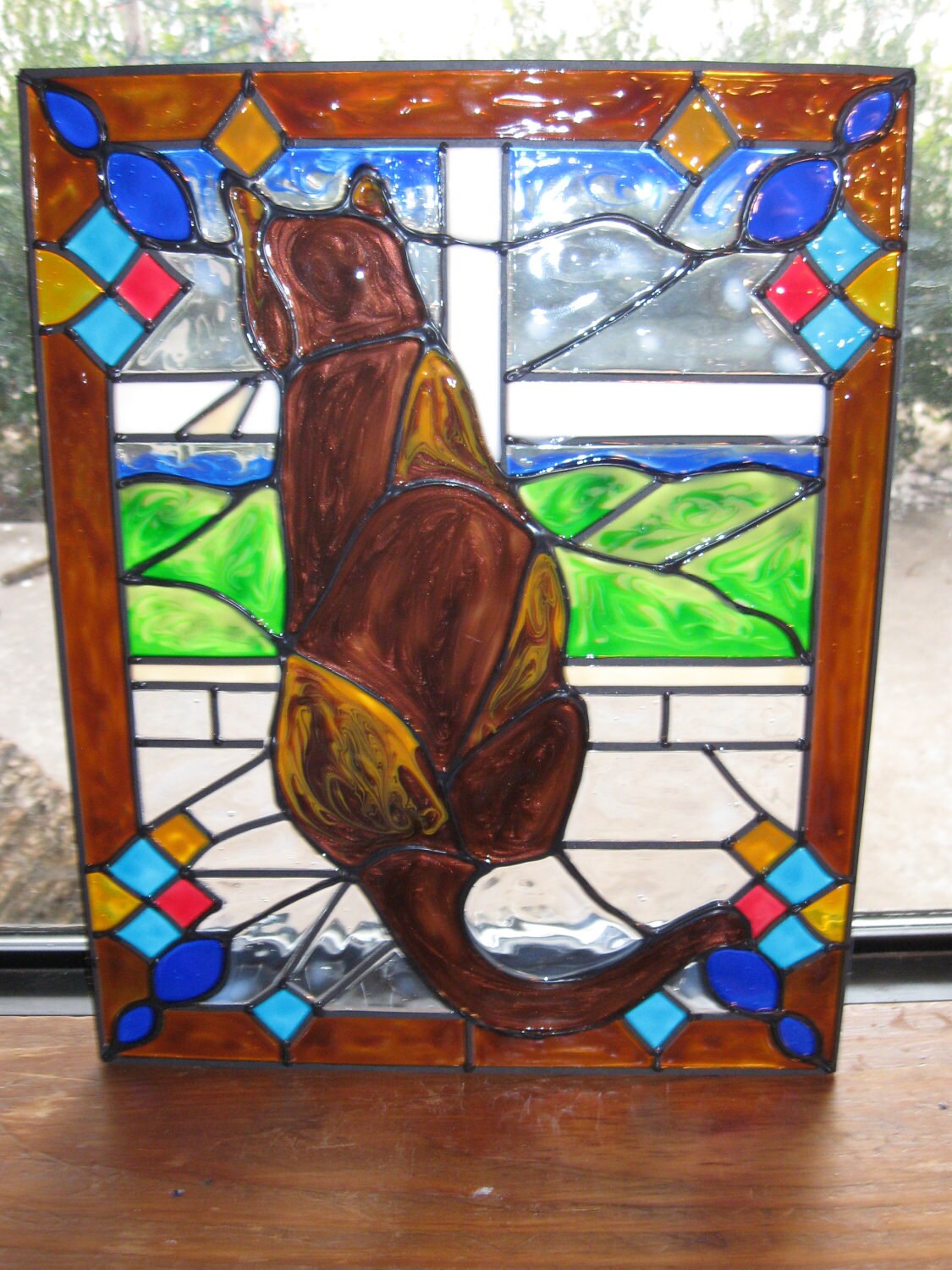 Cat in a window Stained glass window