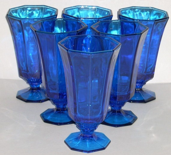 6 Independence Crystal Cobalt Blue Iced Tea Footed Glasses