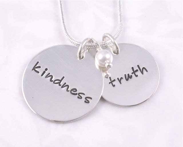 Kindness and Truth Hand Stamped Metal Necklace with White