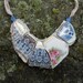 Broken China Jewelry bib style necklace Gothic blue and antique rose china shards on linen