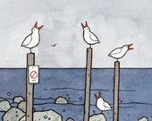 Whale and Sea Gulls Illustration 5x7 Print