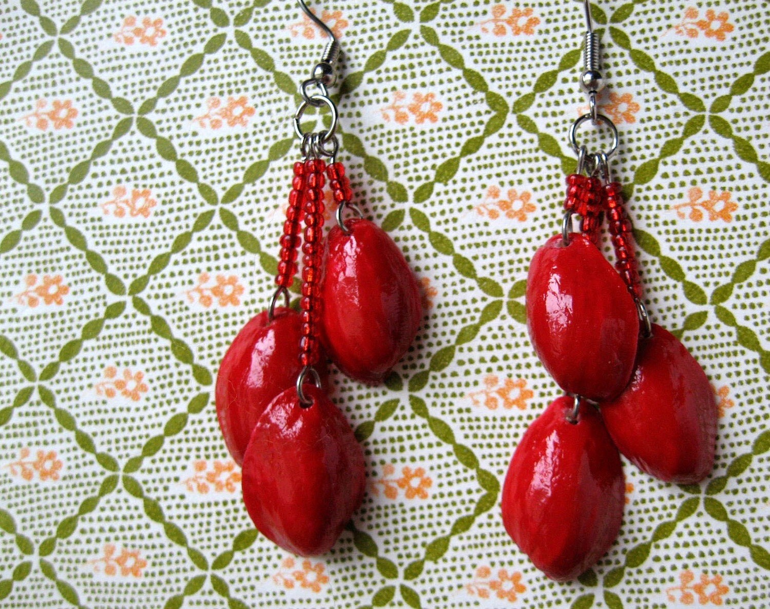 Pistachio Shell Earrings Bright Red