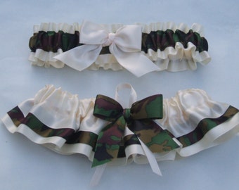 Wedding Garter Set Camoflage And Ivory Satin