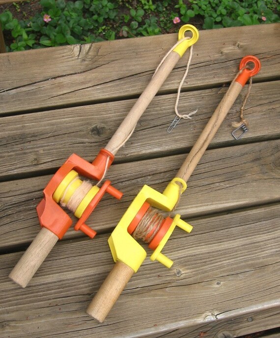 2 Toy Fishing Poles Playskool vintage with wood handles