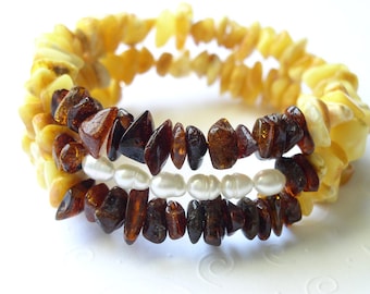 Natural Baltic Amber Silky Pearls Oval Shape Memory Bracelet