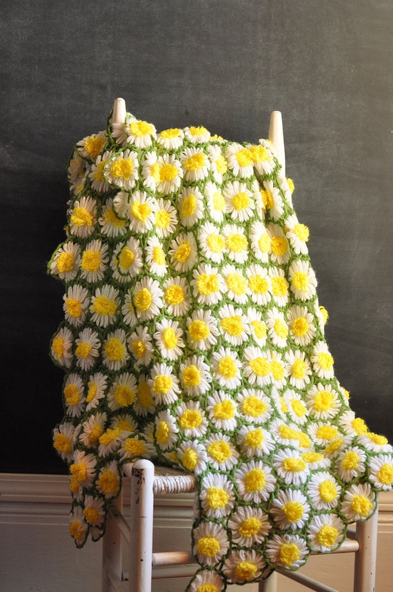 Vintage Daisy Afghan Blanket Handmade Crocheted Long Bedspread