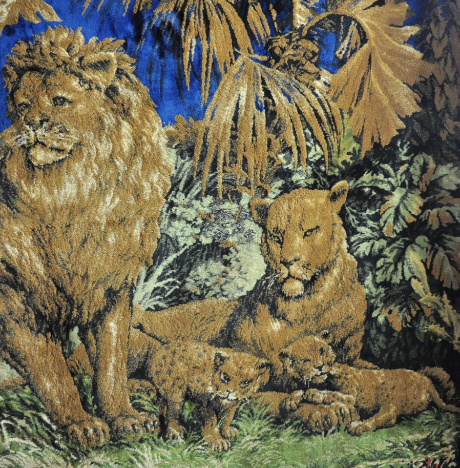 Vintage 70s Tapestry Wall Hanging or Rug Lions in the Jungle