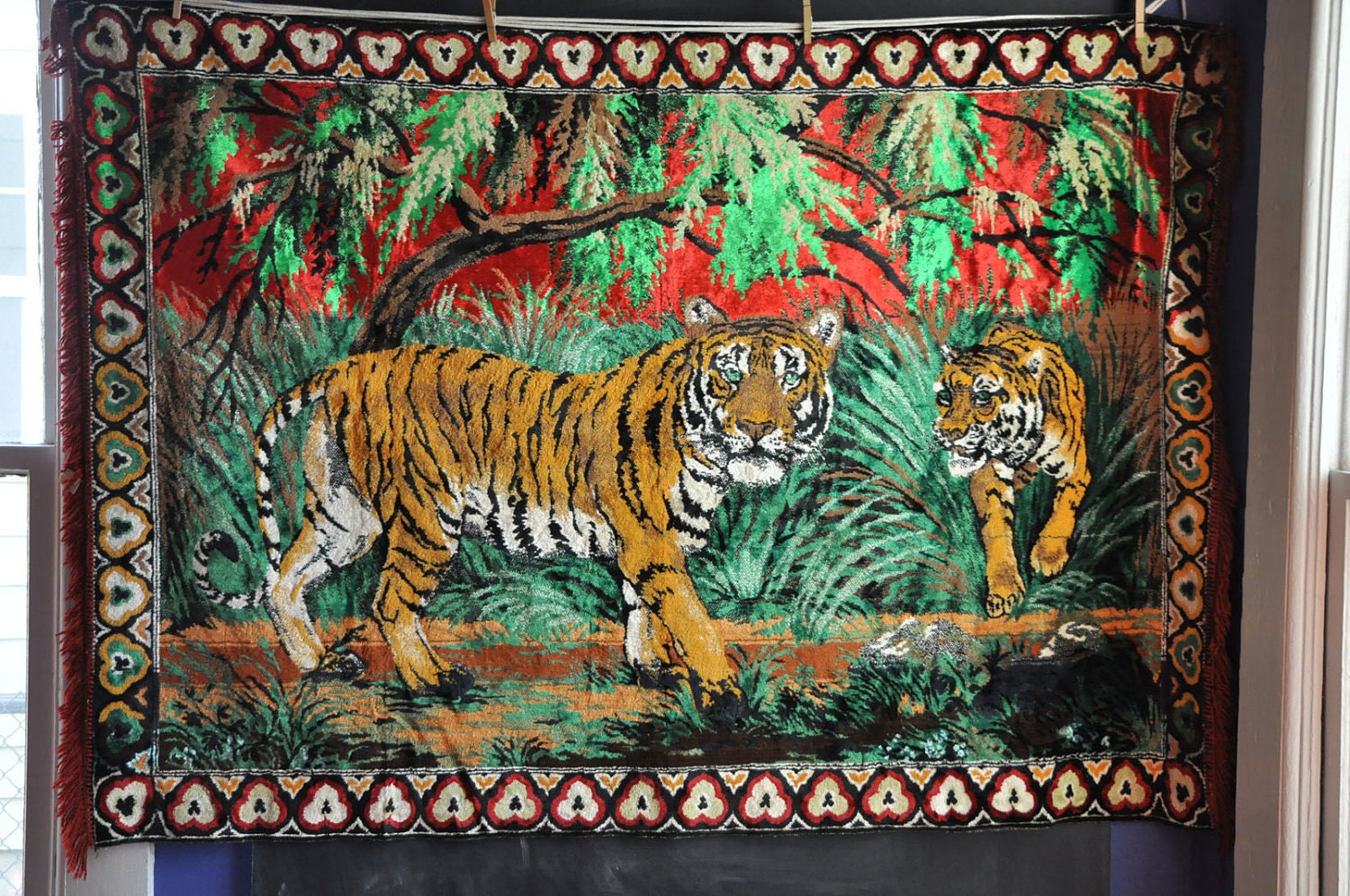 Vintage 70s Tapestry Wall Hanging or Rug Jungle Tigers RED