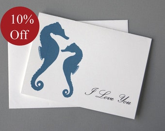 HOLIDAY SALE -- 10% OFF Blue Seahorses (I Love You) Valentine's/Wedding/Anniversary/Engagement 4-Bar Folded Card