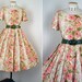 1950s Dress - FONDLY YOURS Vintage 50s Peach Pink Olive Green Poppy Print Full Skirt Garden Party Day Dress m l