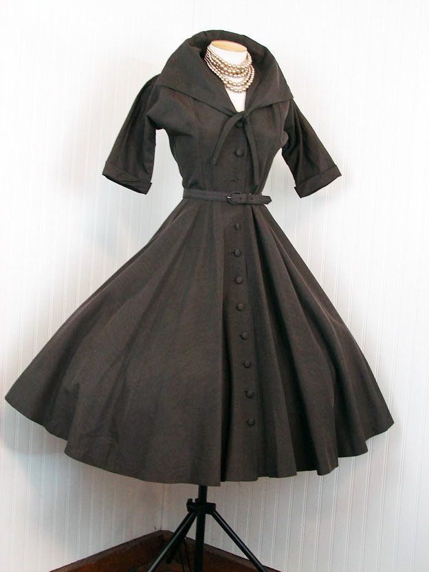 1950s Coat Dress CACAO 50s Vintage Designer Chocolate Brown