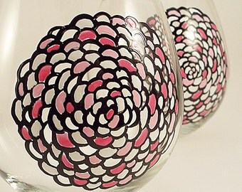 Mum flowers in black white and pink, stemless hand painted wine glasses, unique glassware, painted glasses, set of 2 Ready to ship