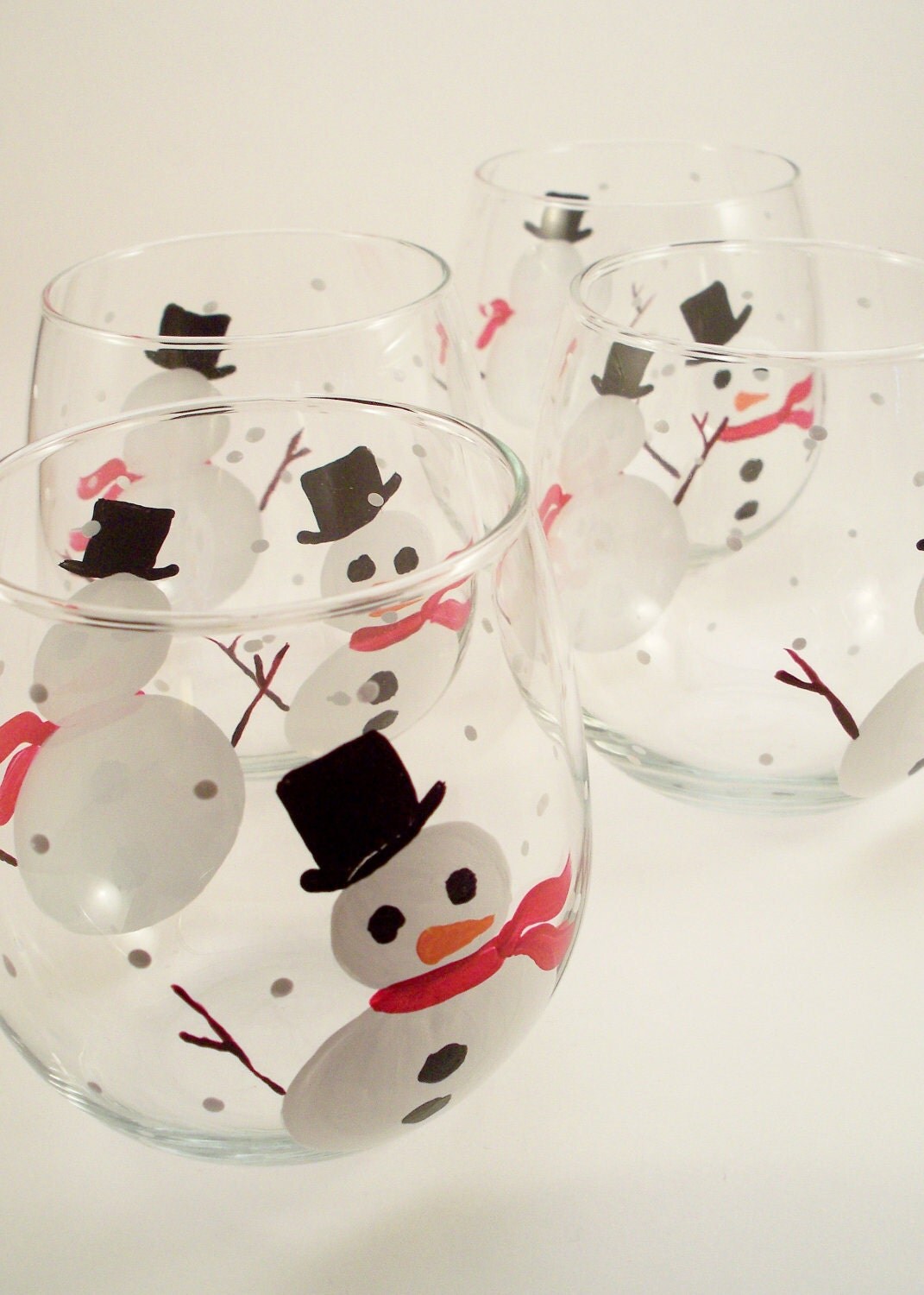 Hand painted snowman wine glasses holiday glassware stemless