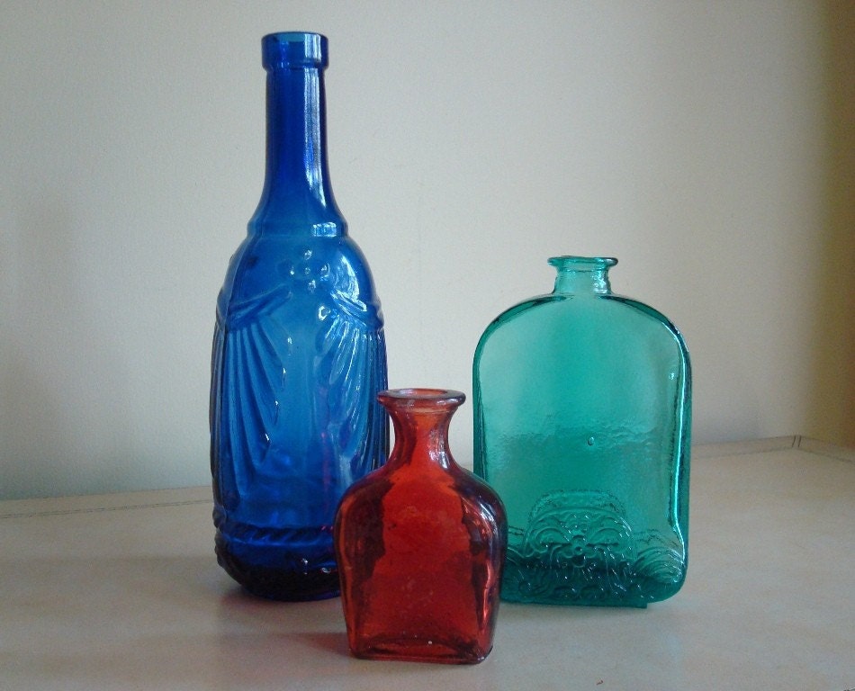 Collection Of 3 Vintage Colored Glass Bottles