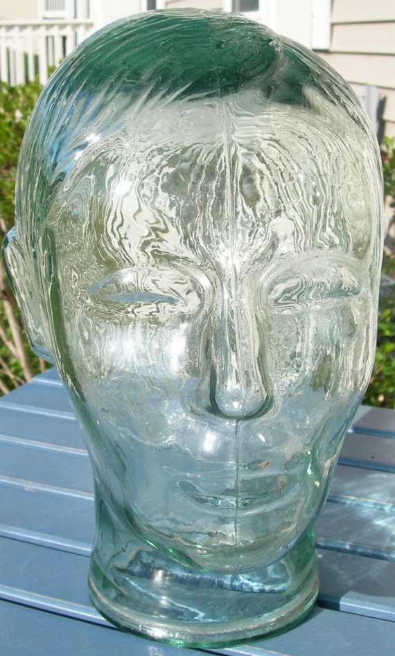 Vintage Glass Display Mannequin Head with Molded Hair