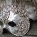 Venetian masquerade mask in ornate silver with brown feathers, Groefin