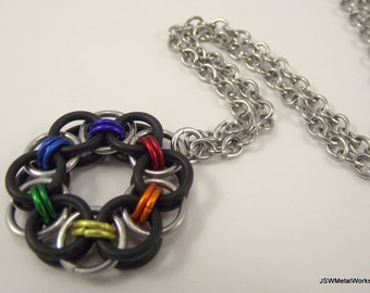 Rainbow Chainmail Pendant, Aluminum Necklace, Rubber Pendant