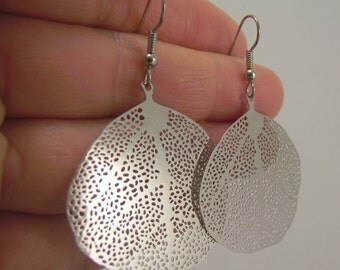 Medium Smooth Round Leaf Skeleton Earrings, Silver Earrings