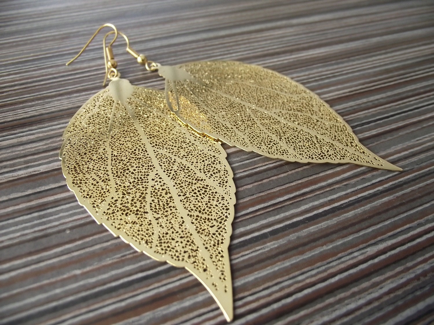 Large Golden Leaf Skeleton Earrings Gold Earrings LAST PAIR