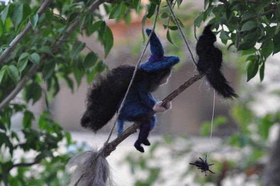 Halloween Needle Felted Waldorf.  Witch with her black cat and spider-needleMade fo custom orders