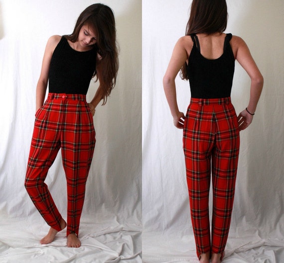 Red Plaid Stirrup Pants High Waist Pleated Front 1980s