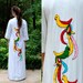 Vintage Maxi Caftan - Exotic Birds - Muslin Gauze - Cream Red Turquoise Green Blue Yellow - Embroidered - Ethnic - 1970s Long Dress S/M