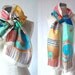 Batik Silk Scarf - Beach Colors - Pink Peach Coral Ocean Blue - Handmade Vintage - 1970s - Rectangle