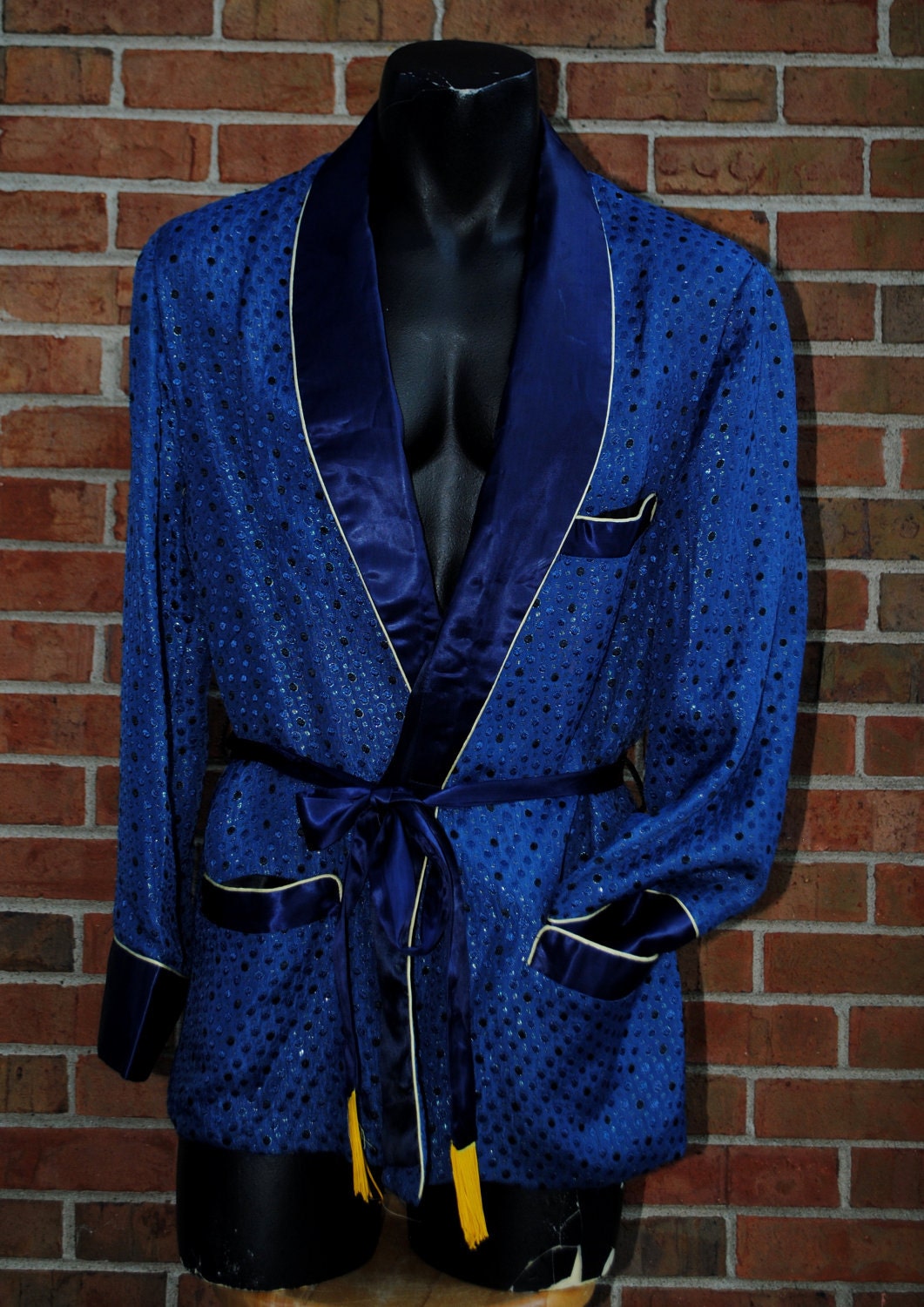 Vintage 1940s Smoking Jacket Midnight Blue Silver Silk