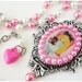 Alice in Wonderland Cameo Necklace, Ornate Resin Pendant on Beaded White and Pink Pearl Chain in Silver - Sweet Lolita
