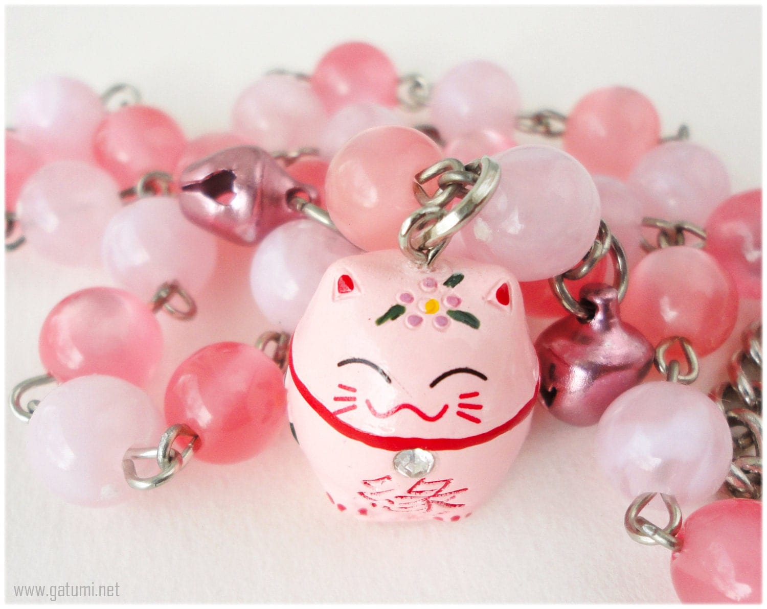 Pink Maneki Neko Necklace with Bell Charms Kawaii Jewelry