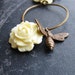 Rose Bee Earrings Botanical Jewelry Cream Cabbage Rose Antique Brass Bee Charm Sleeper Hoops