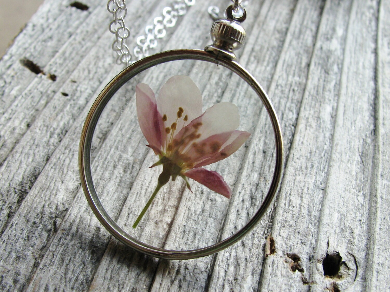 Framed Glass Pendant Pressed Flower Necklace Purple Flowering