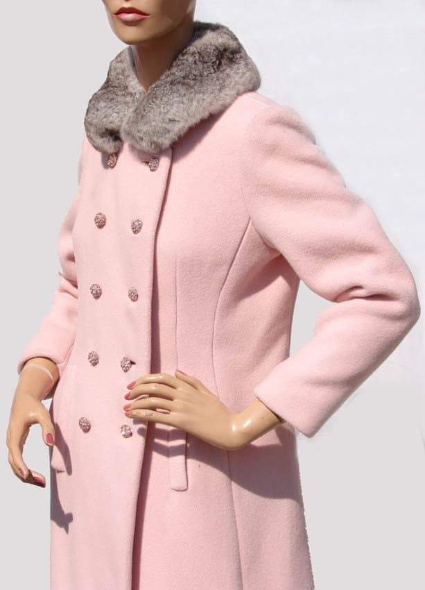 60s Pale Pink Wool Maxi Full Length Coat with Rabbit Fur