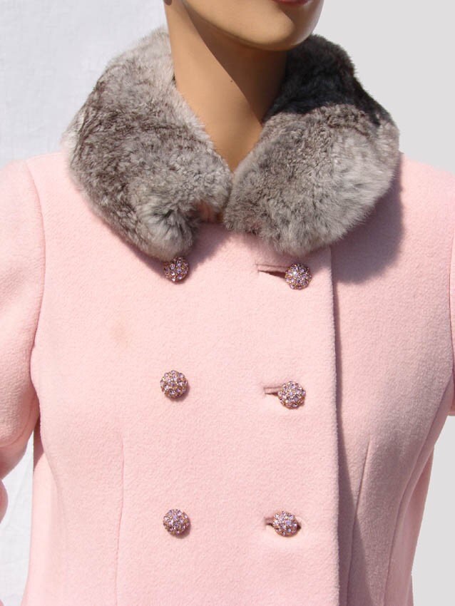 60s Pale Pink Wool Maxi Full Length Coat with Rabbit Fur