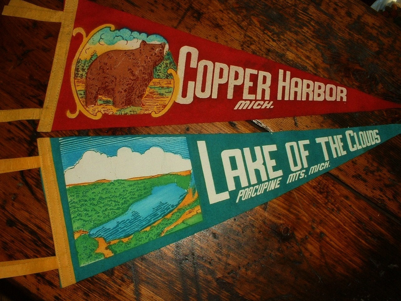 2 Souvenir Felt Pennants Michigan Copper Harbor by MostlyMadelines