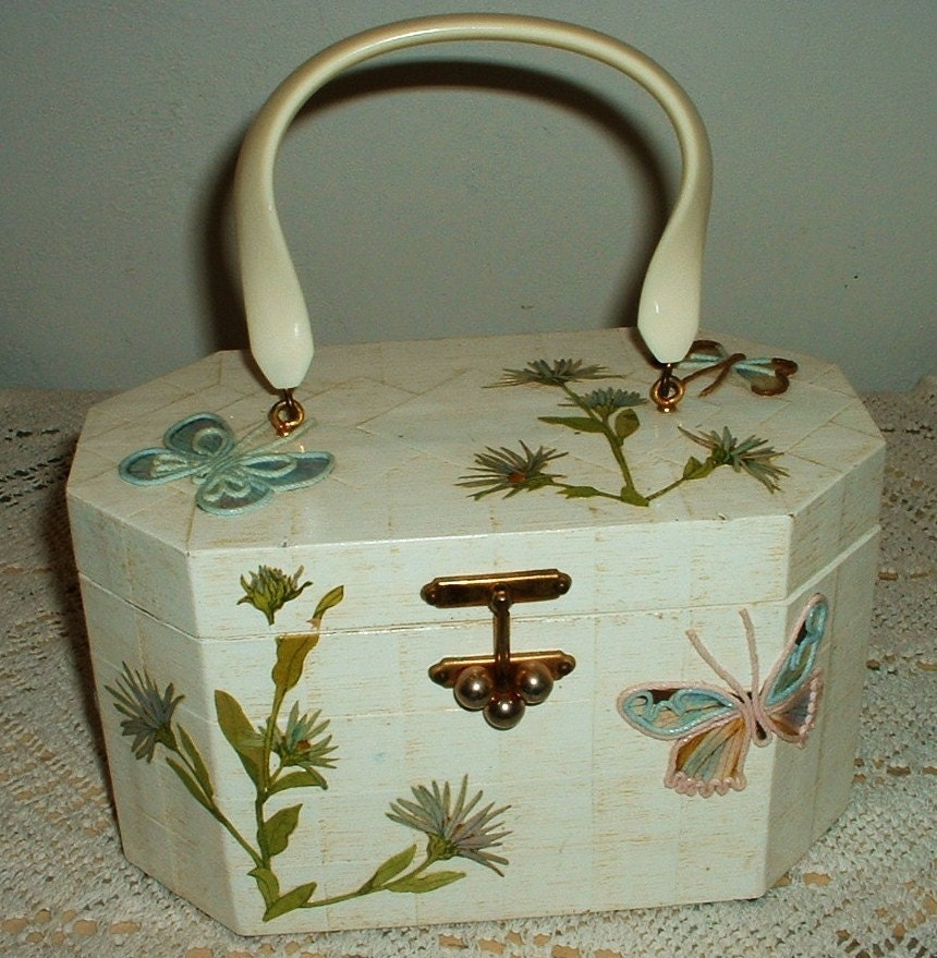 Vintage Decoupage Wood Box Purse Octagon Flowers Butterflies 6477