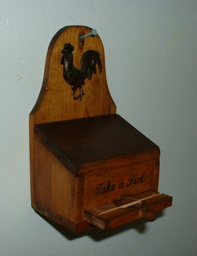 Vintage Wood Toothpick Holder Dispenser Metal Rooster Wall or