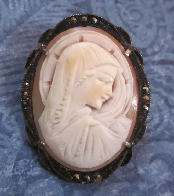 Antique 800 Silver Marcasite Virgin Mary Shell Cameo Religious