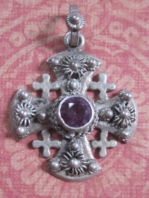 Vintage Sterling Silver Jerusalem Cross With Purple Stone